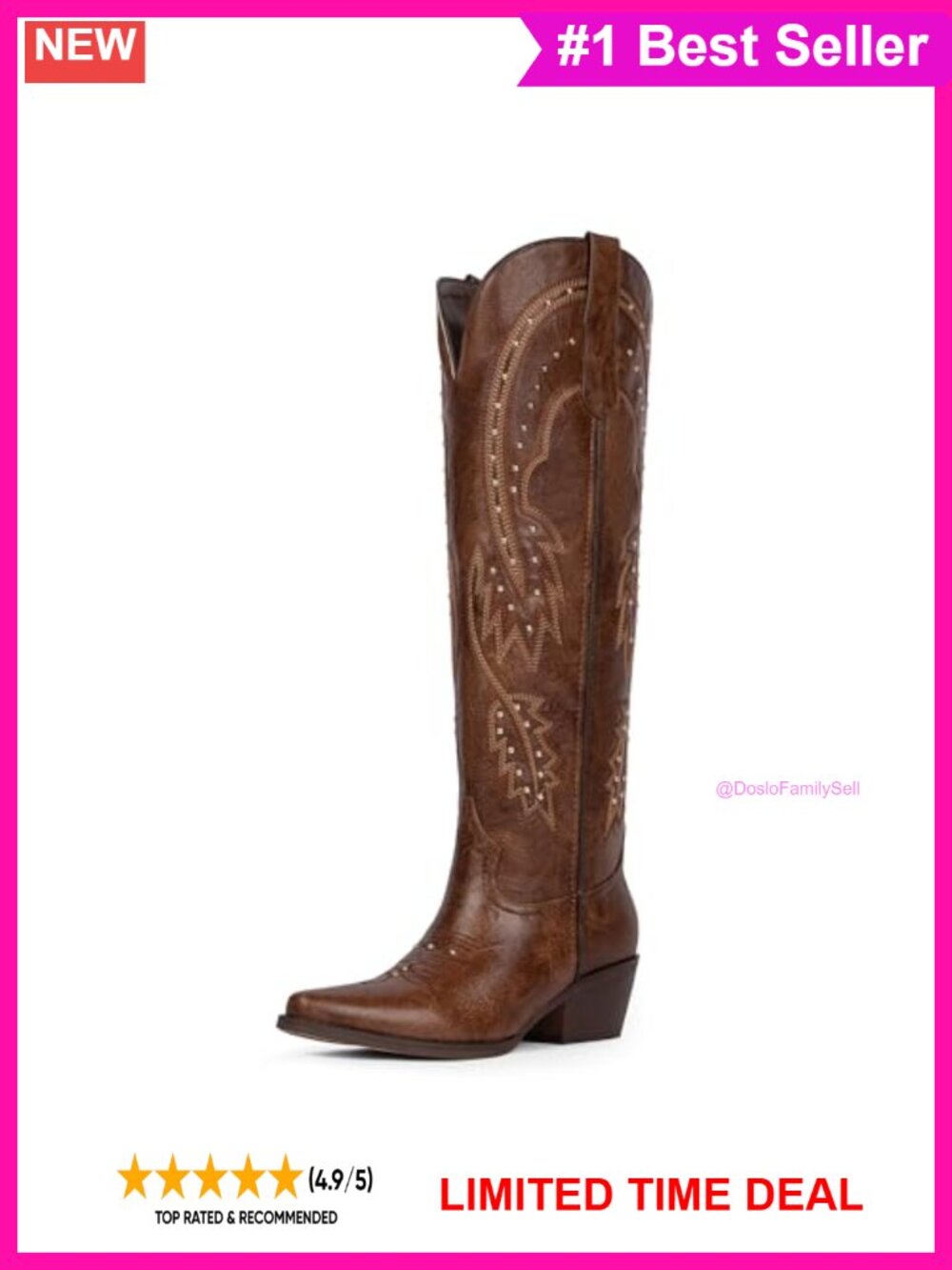 Knee High Rhinestone Cowboy Boots Faux Leather Pointed Toe Western Boot